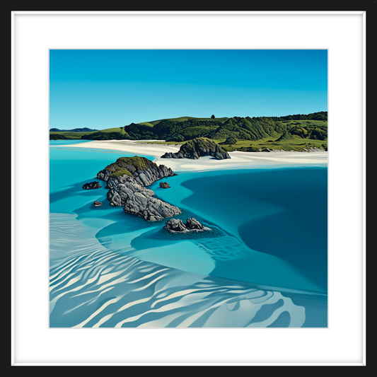 Beach scene with clear blue water and green hills in the background