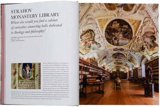 Open book showing a page about Strahov Monastery Library with an image of the library's interior.
