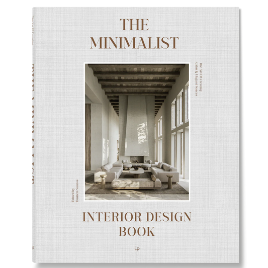 Book titled 'The Minimalist Interior Design Book' with a photo of a modern living room on the cover.