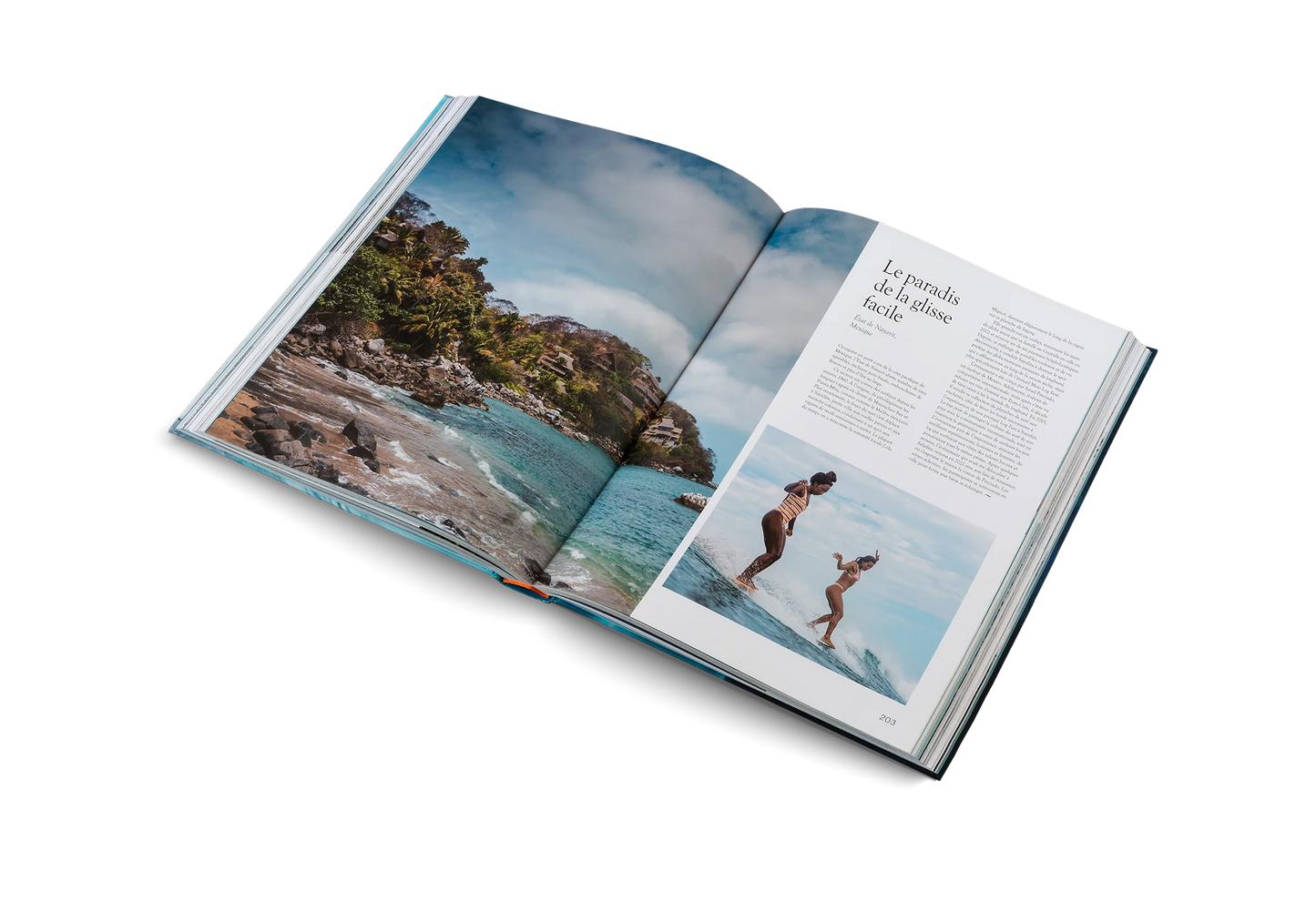Open book showing a scenic view of a beach with people and text on a white background