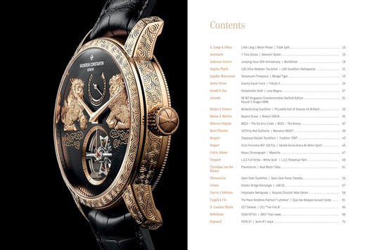 Luxury watch with intricate design on a black background, accompanied by a table of contents on the right.