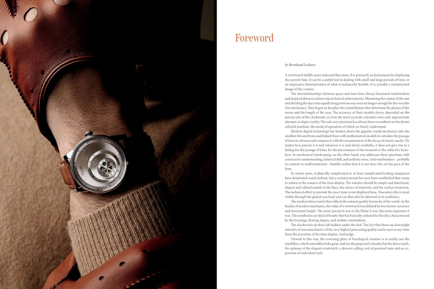 Close-up of a hand wearing a leather glove with a watch, next to text on a white background.
