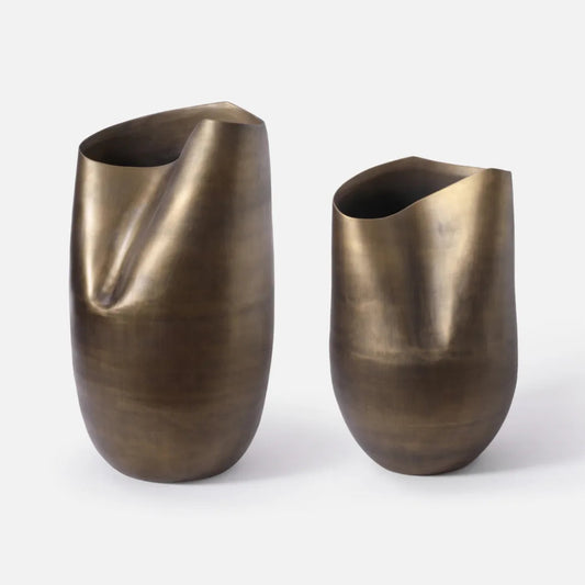 2 bronze ceramic vases that look as if they have been folded