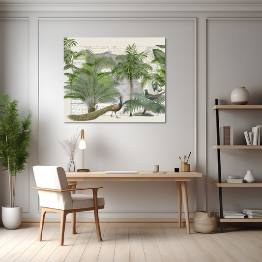 Tropical art print with peacocks and ferns hanging about a pale wooden modern desk and cream chair surrounded by a modern black and pale wood book case and potted ferns. Against a grey paneled wall with light wooden floorboards on the floor