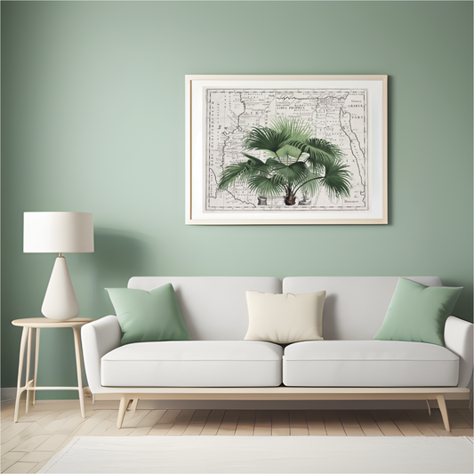 vintage style print with large palm fronts against a map hanging above a mid century style simple pale green sofa with green cushions. The print is hanging on a sage green wall and there is a wooden floor and a small wooden side table with a white table lamp on it