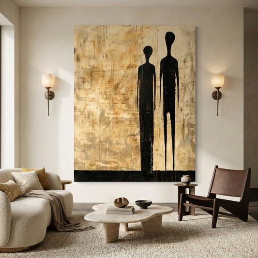 luxury-lounge with wall sconces and large oversized abstract art on the wall featuring 2 male and female silhouettes.