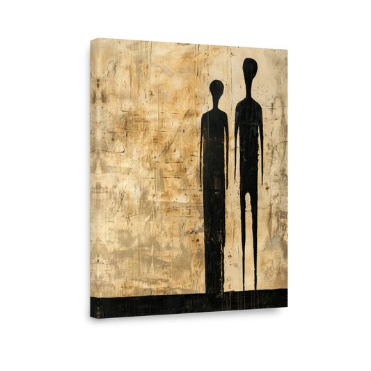 two black silhouettes male and female on cream, gold beige background