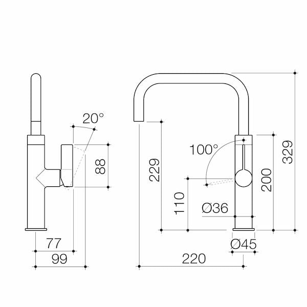 Technical drawing of a kitchen faucet with dimensions