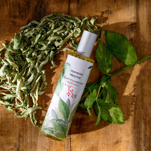 Bottle of Verveine Menthe room spray surrounded by fresh and dried herbs on a wooden surface