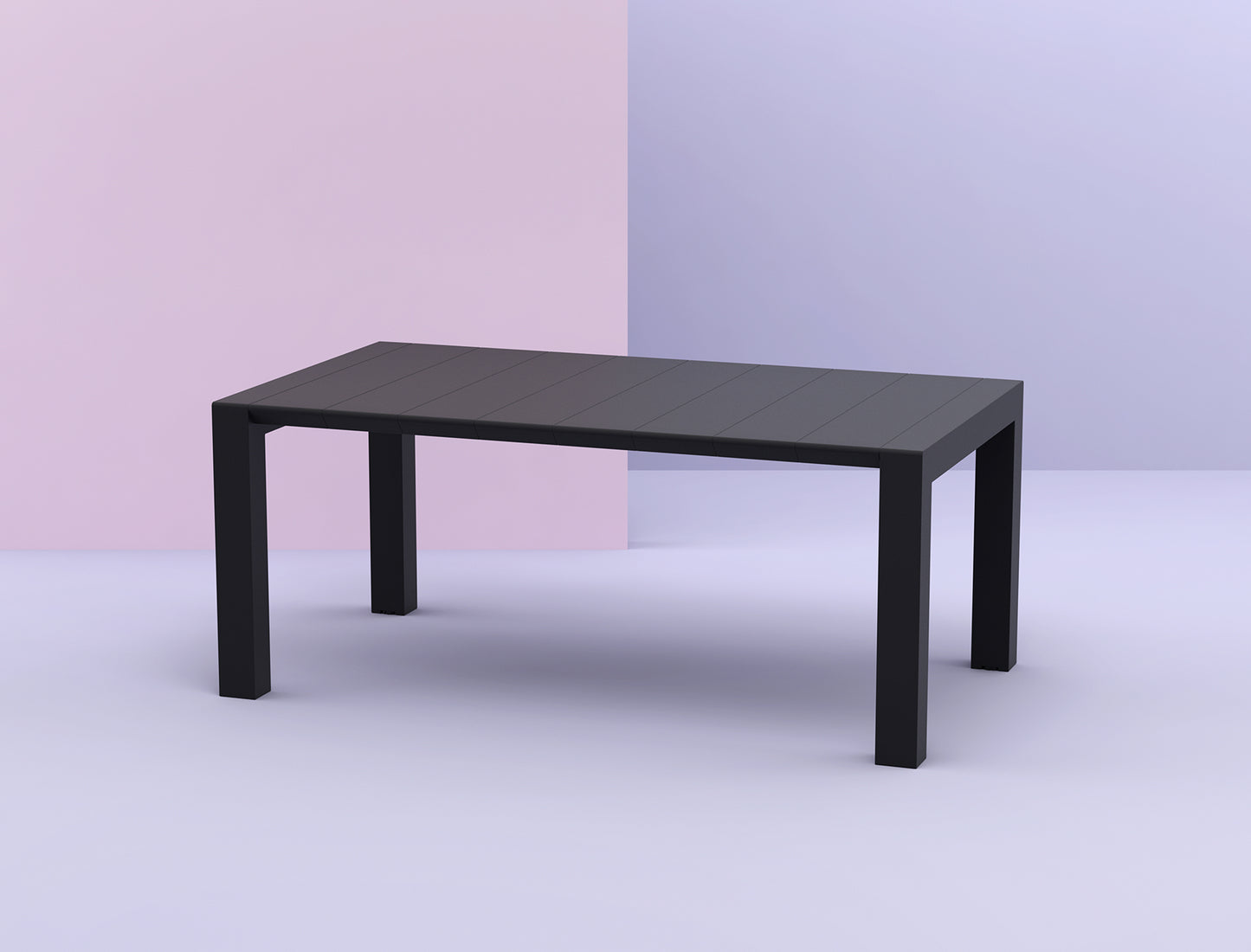 Black rectangular table on a two-tone pink and purple background