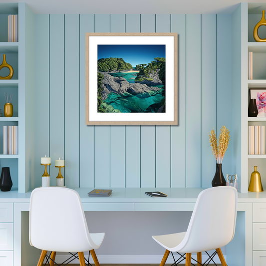 Modern office with light blue walls, white furniture, and a framed picture of waiheke island rock pools