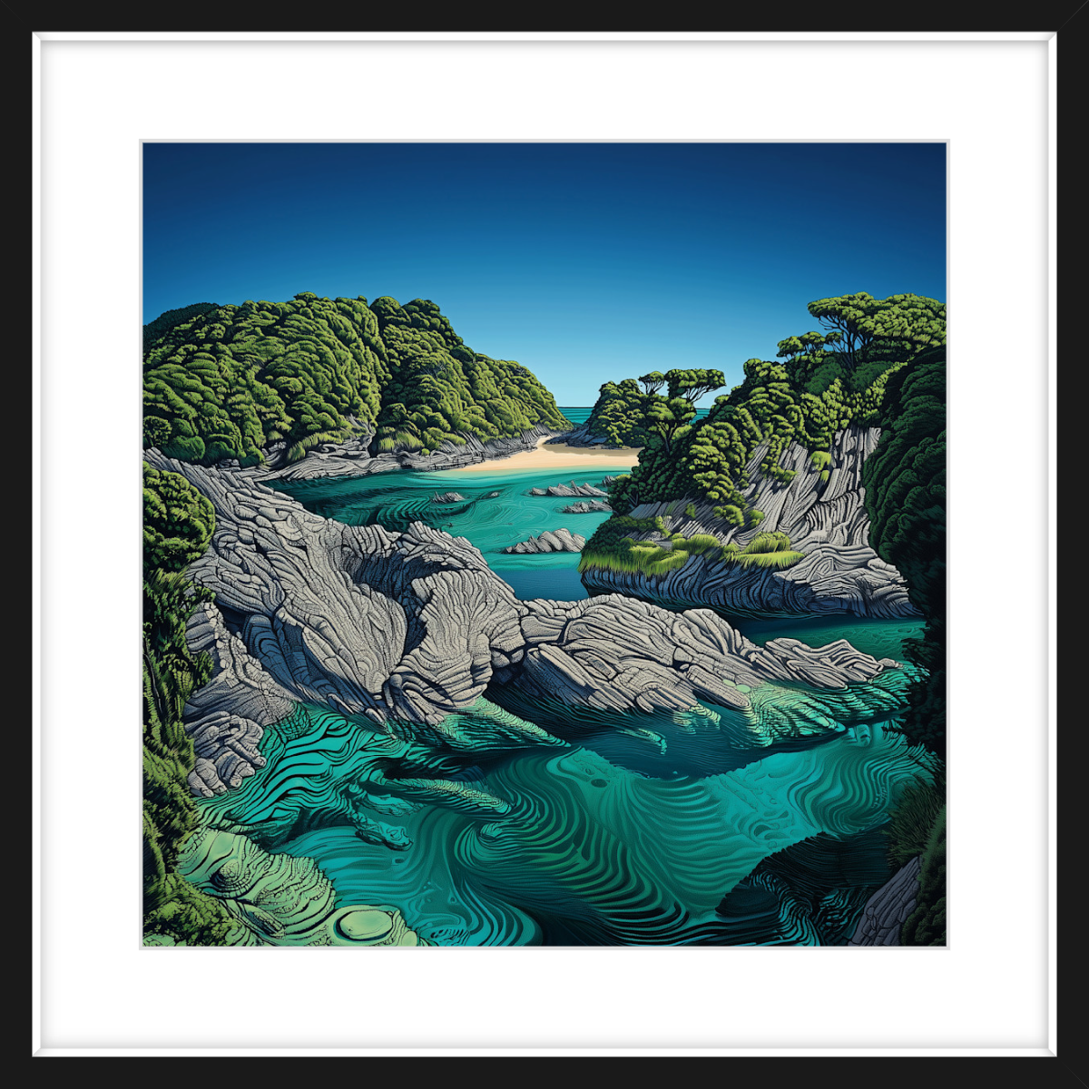 Framed artwork of a coastal landscape with cliffs, trees, and clear blue water.