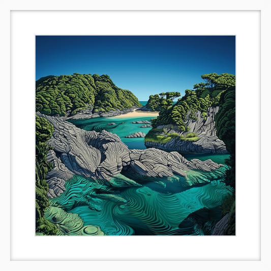 Artistic depiction of a coastal landscape with rocky cliffs and turquoise water.