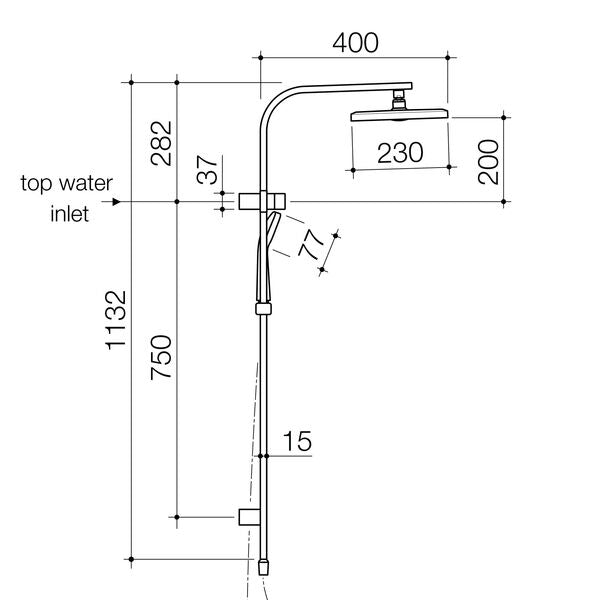 Waipori MK2 rail shower with overhead measurements and specifications