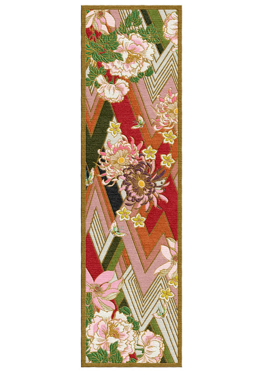 Long Runner Wendy Morrison Shanghai Blossom rug with flowers and herringbone shapes in  green, pink red, orange and yellow
