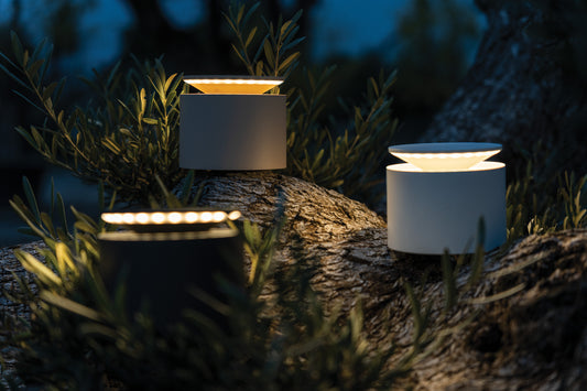 Three solar-powered outdoor lights on a forest floor