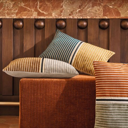 Lifestyle shot of 3 Zebu cushions by Casamance