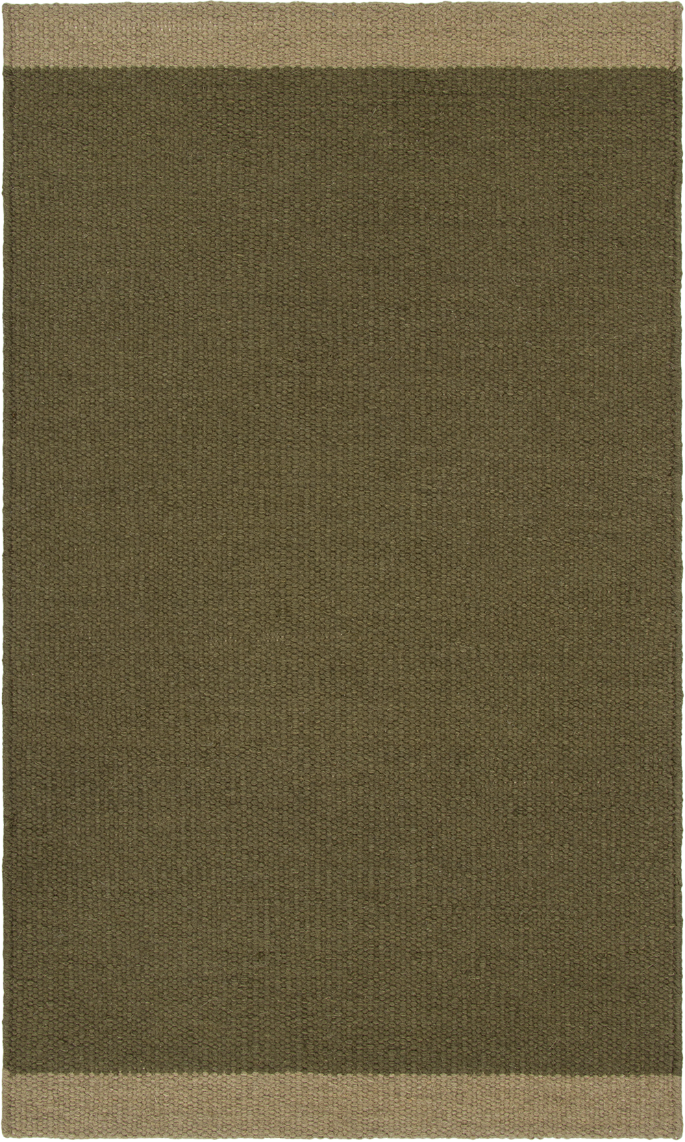 A rectangular woven rug with a solid olive green center and two horizontal beige bands at the top and bottom borders.