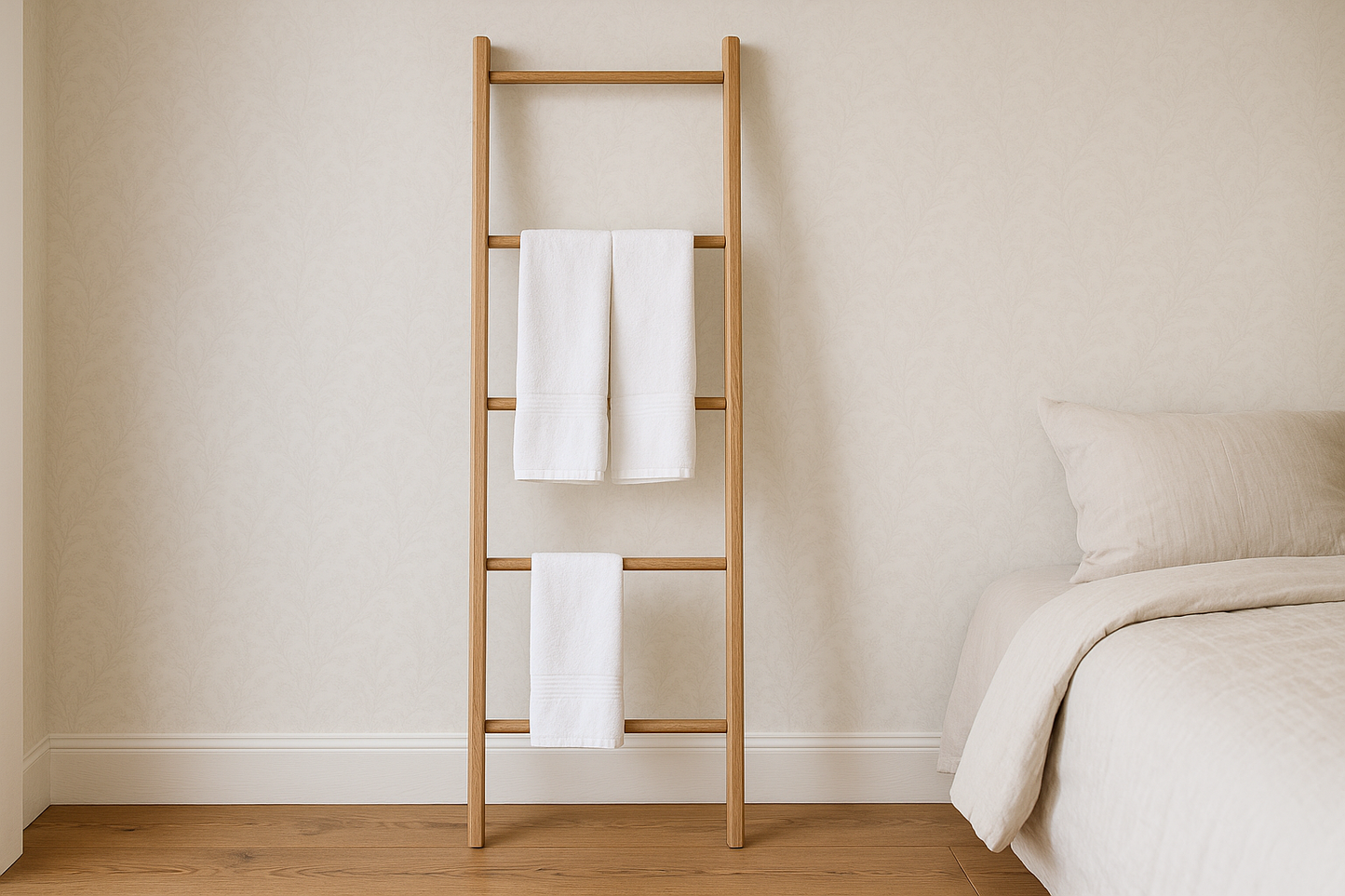 Doug wooden ladder with five rungs in bedroom