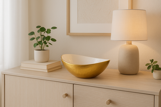 Elsa gold curved bowl on modern sideboard
