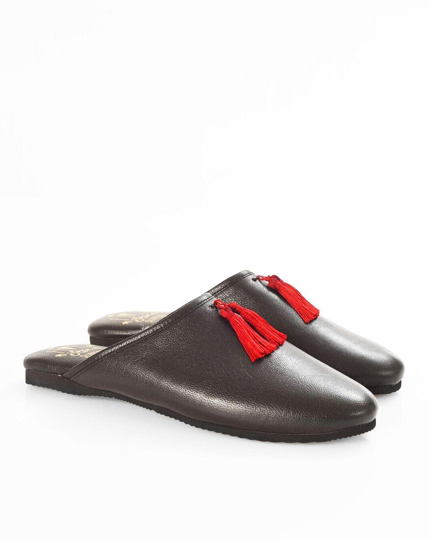 Black Leather Mule Tassel Slippers