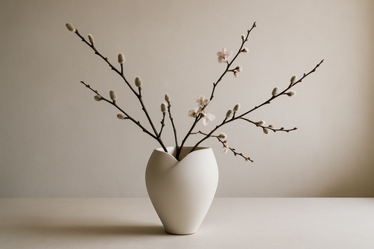 Guan White organic vase with Japanese floral arrangement