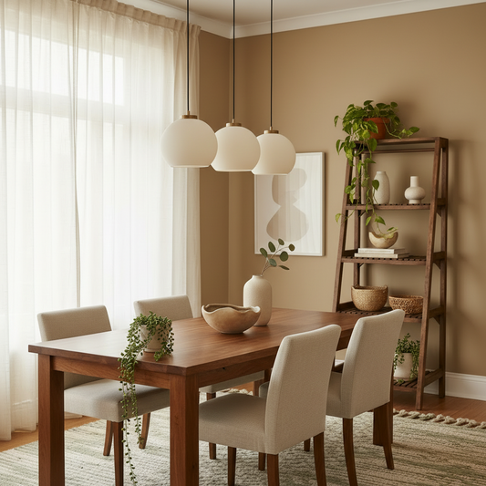 Dining room with wooden table, chairs, and decorative elements.