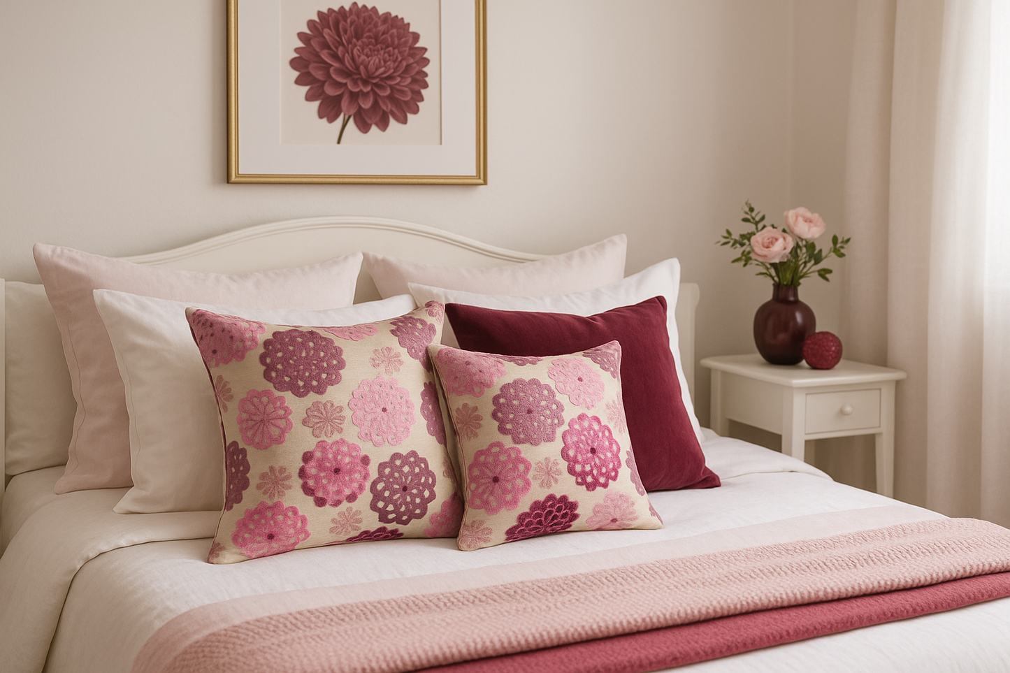 Magazine-style feminine bedroom featuring pink chrysanthemum cushions on white bed with pale pink linens and burgundy accents