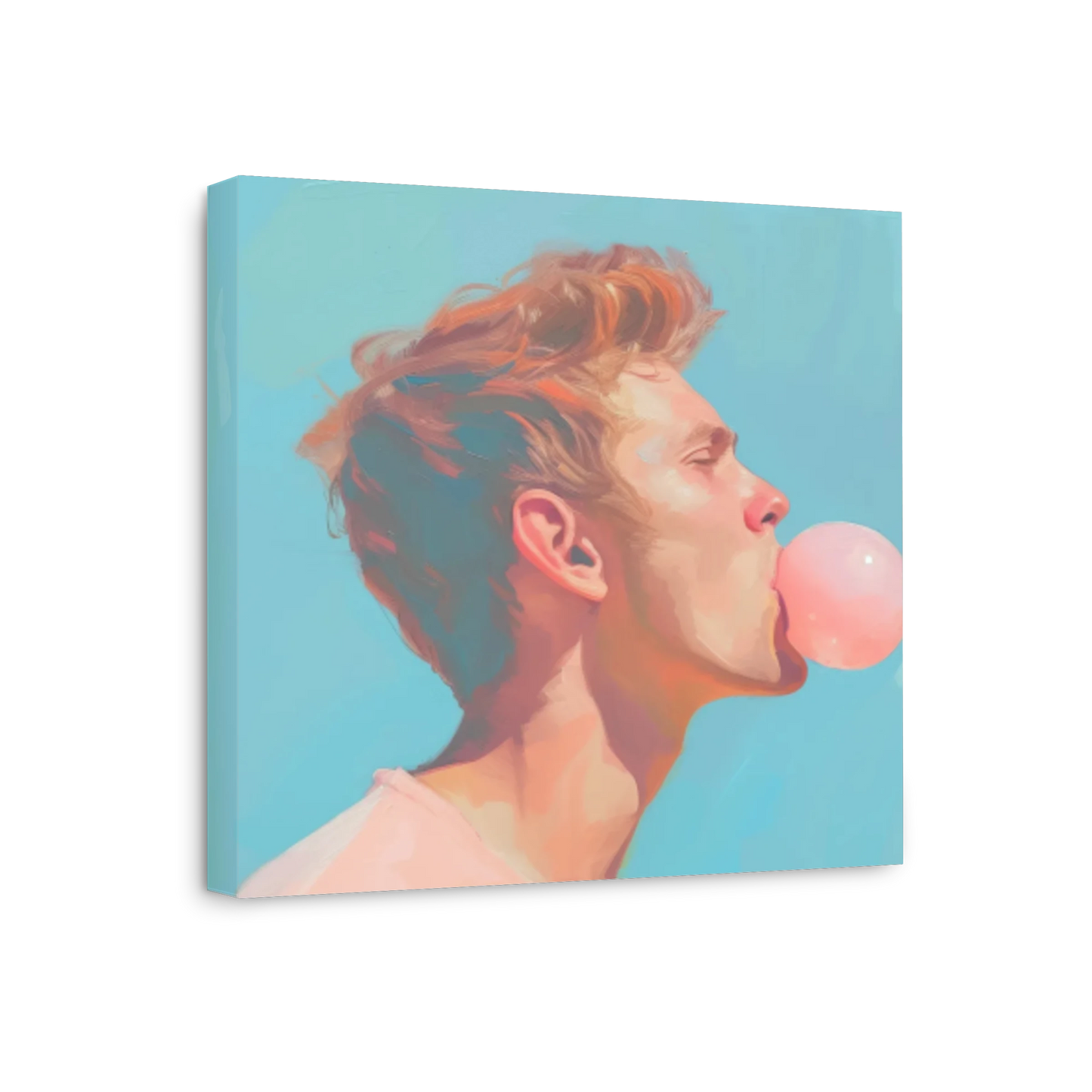 A square canvas wall art print featuring a stylized portrait of a man with red hair blowing a pink bubblegum bubble, shown at an angle against a light blue background.