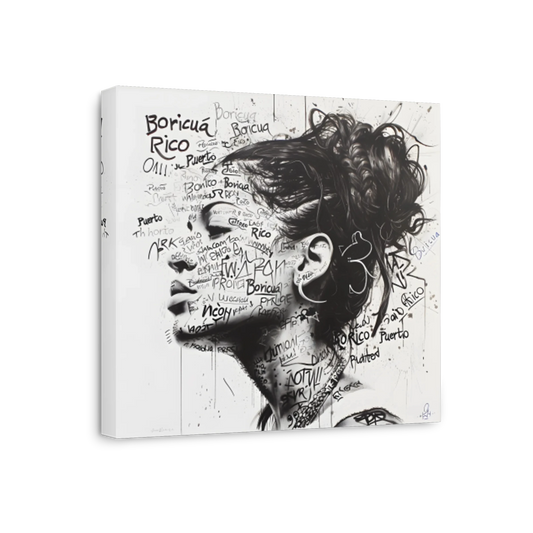 A square canvas wall art print featuring a black and white portrait of a woman's profile overlaid with handwritten text and graffiti-style markings, shown at a slight angle on a white background.