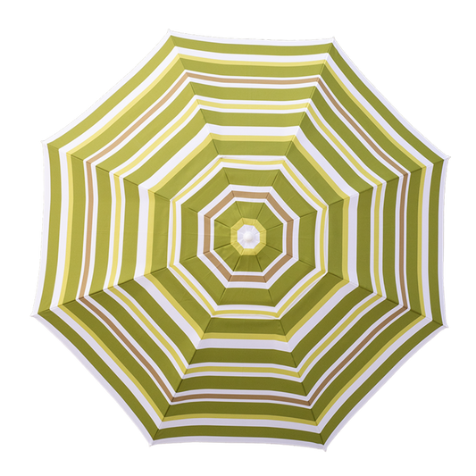 Green and white striped beach umbrella on a white background