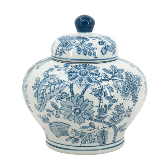 Ceramic jar with blue floral patterns on a white background