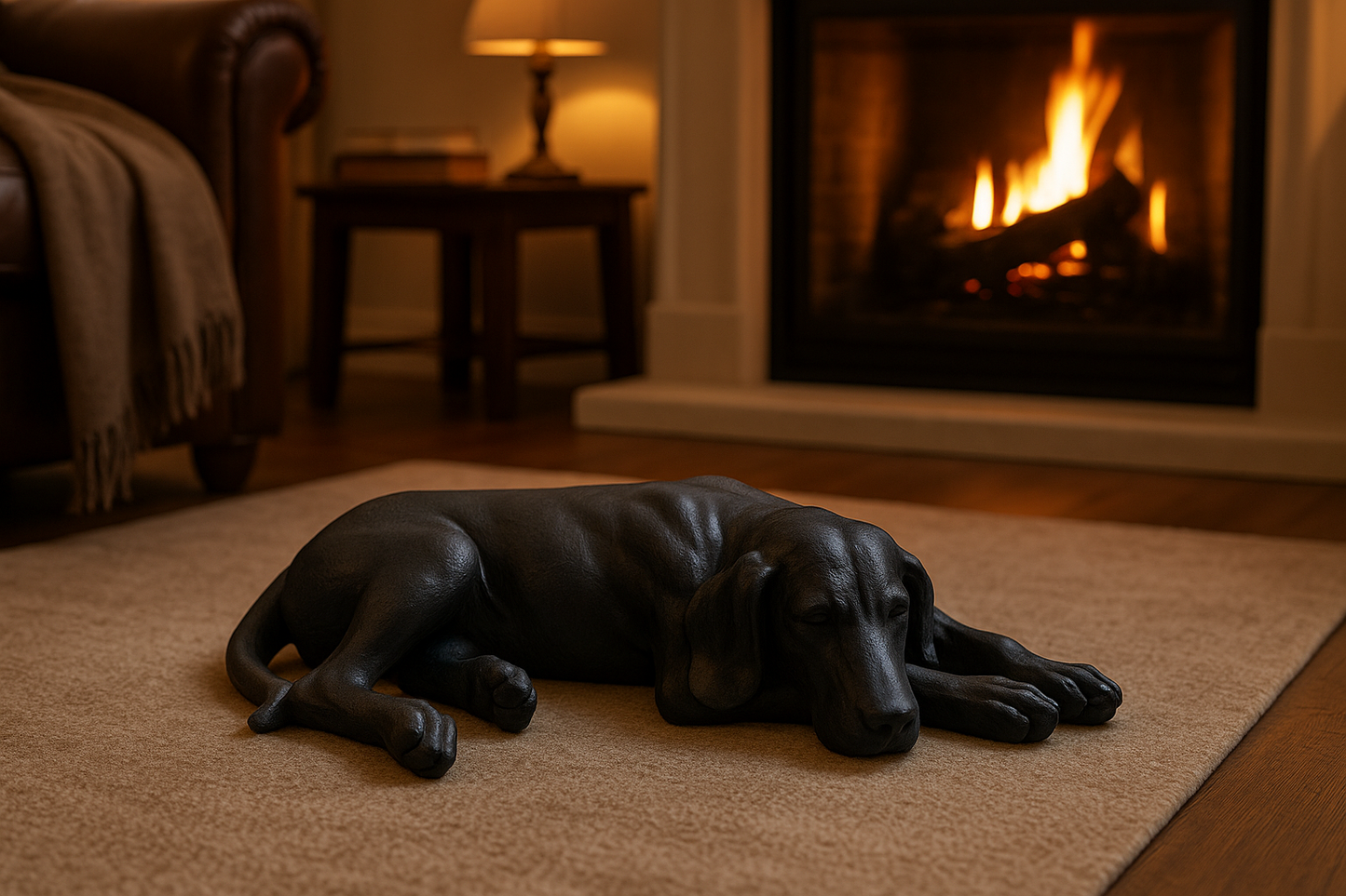 Sleeping hound by fireplace - correct size