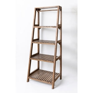 Wooden bookshelf with four shelves on a white background