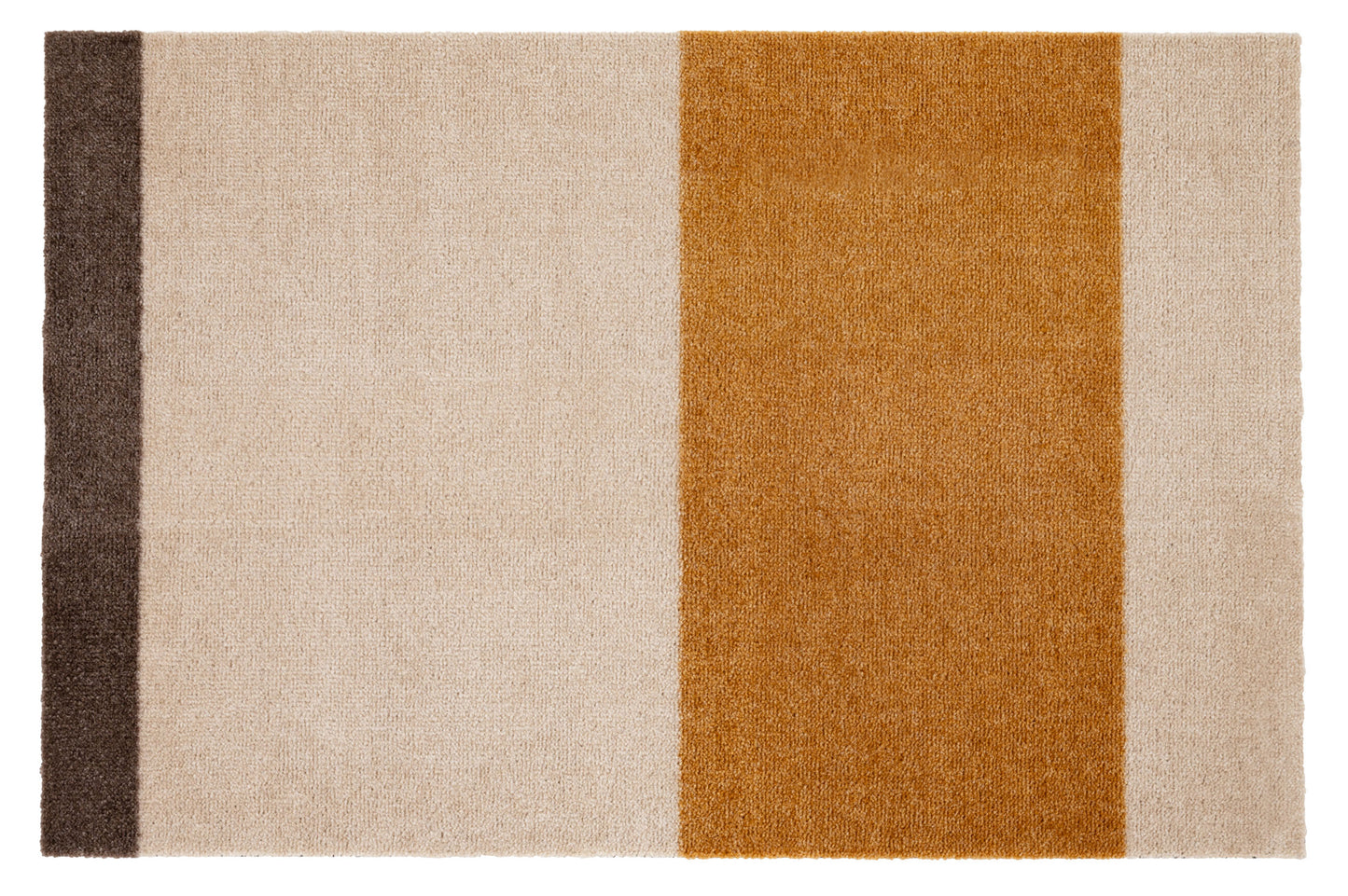 Rectangular doormat with brown, beige, and orange stripes on a white background