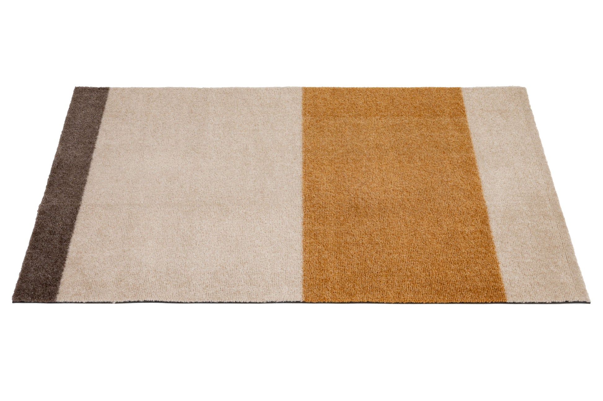 Rectangular rug with brown, beige, and orange stripes on a white background