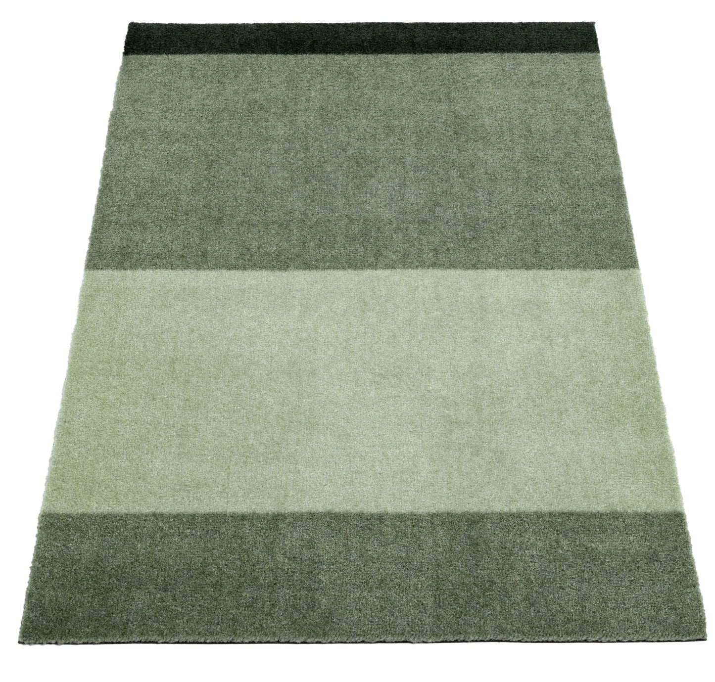 Rectangular green rug with a striped pattern on a white background