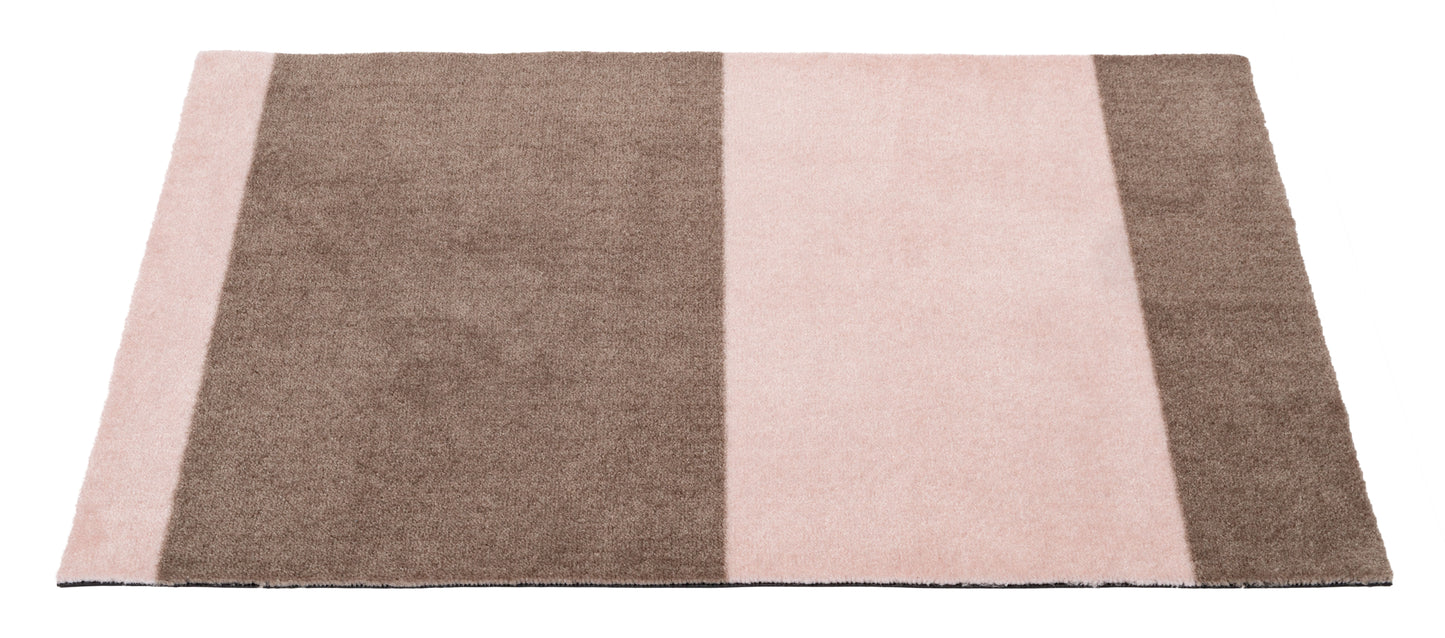 Rectangular rug with brown and pink striped pattern on a white background