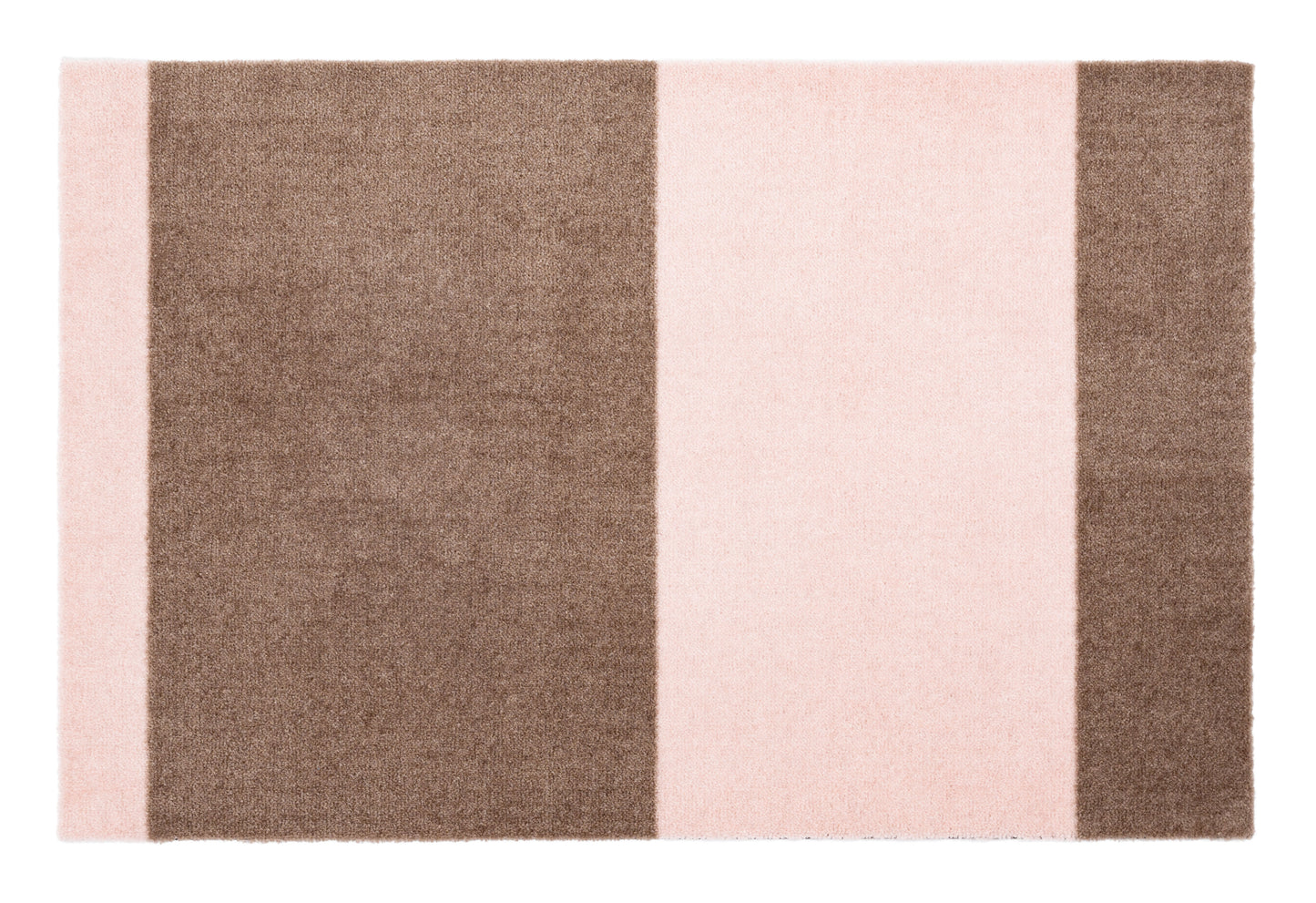 Rectangular rug with brown and pink vertical stripes on a white background