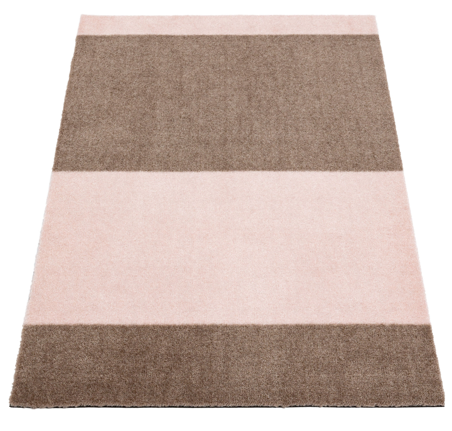 Rectangular rug with brown and pink stripes on a white background