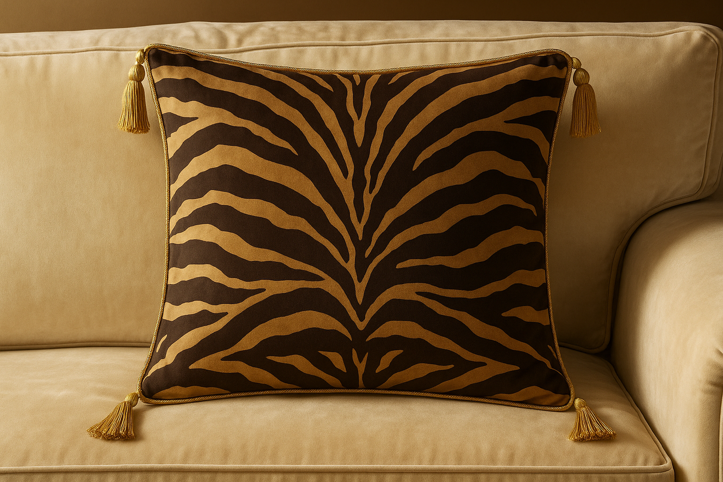 Tiger stripe cushion with correct large-scale pattern repeat on cream velvet sofa