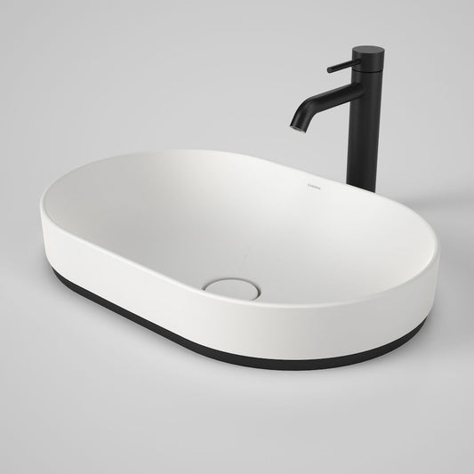 Liano II 530mm pill inset basin matte white Carom with black tap