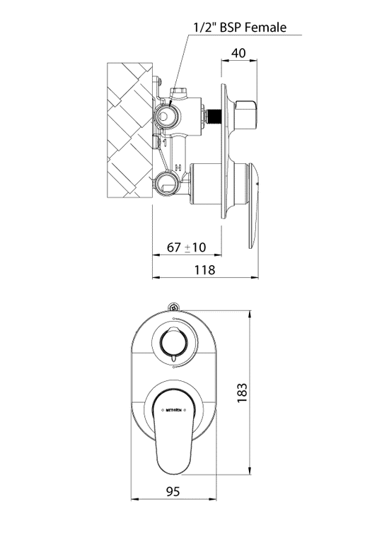 Methven Aio Shower mixer with diverter in Chrome technical drawing