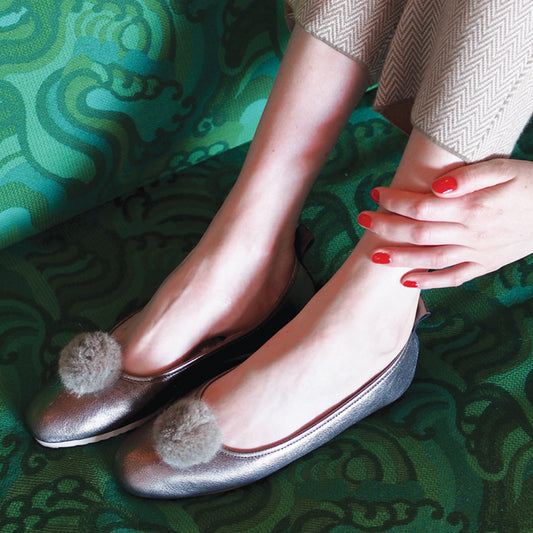 Italian Leather Ballet Slippers in bronze with a pom pom, wool lining and rubber sole. Luxury slippers from My Sanctuary