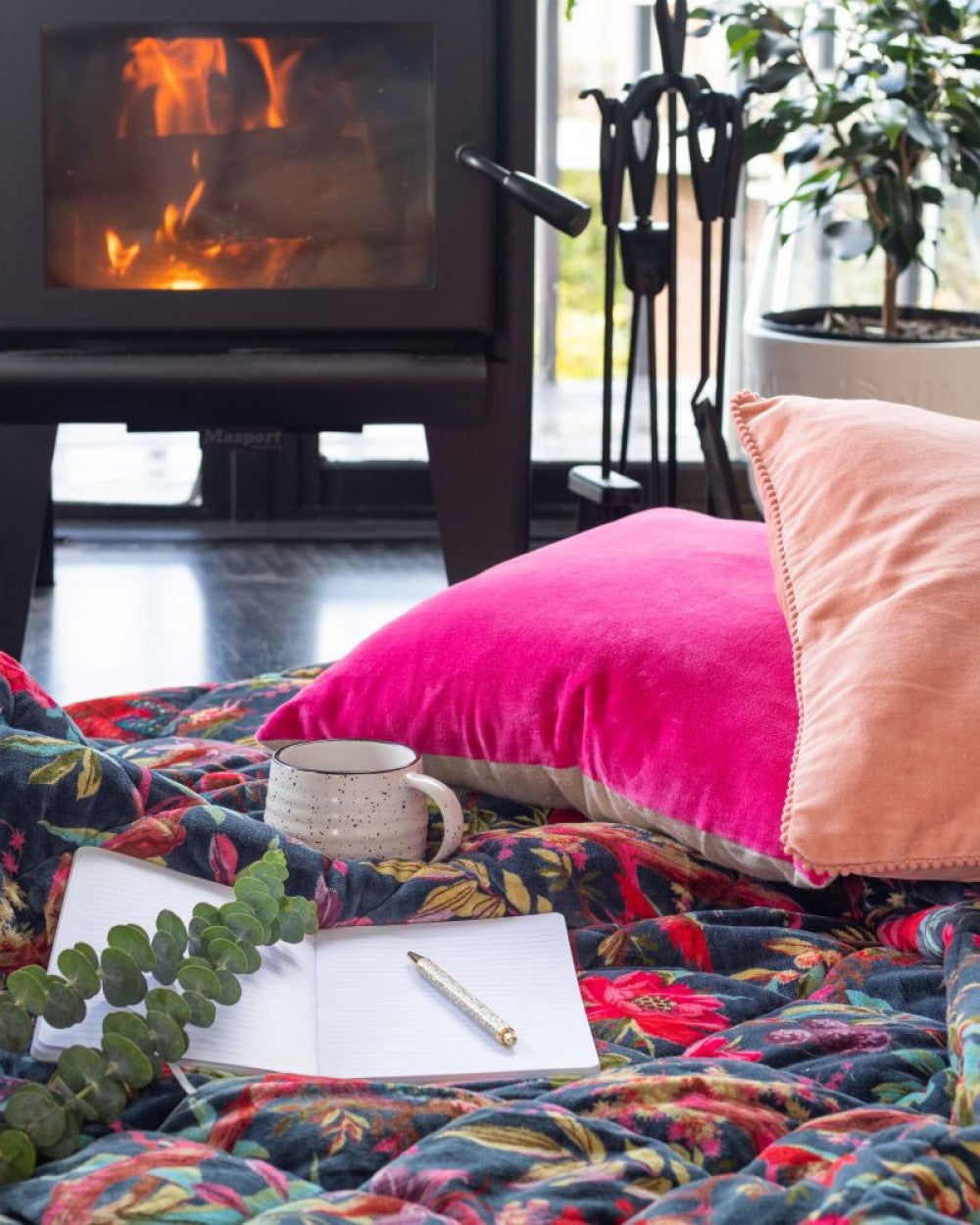 Bird of Paradise quilted velvet throw in bluestone