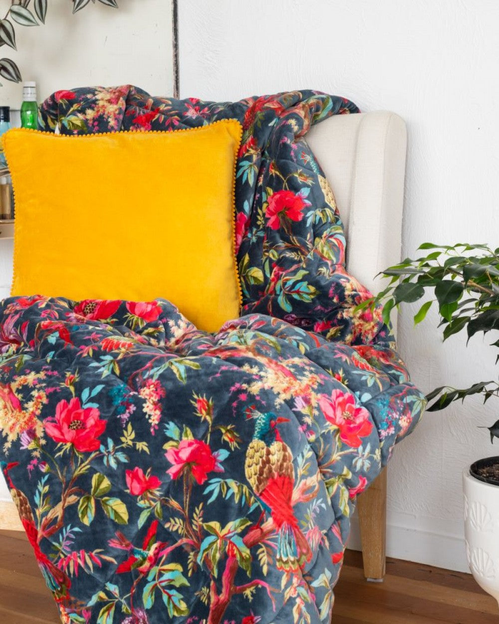 Bird of Paradise quilted velvet throw in bluestone