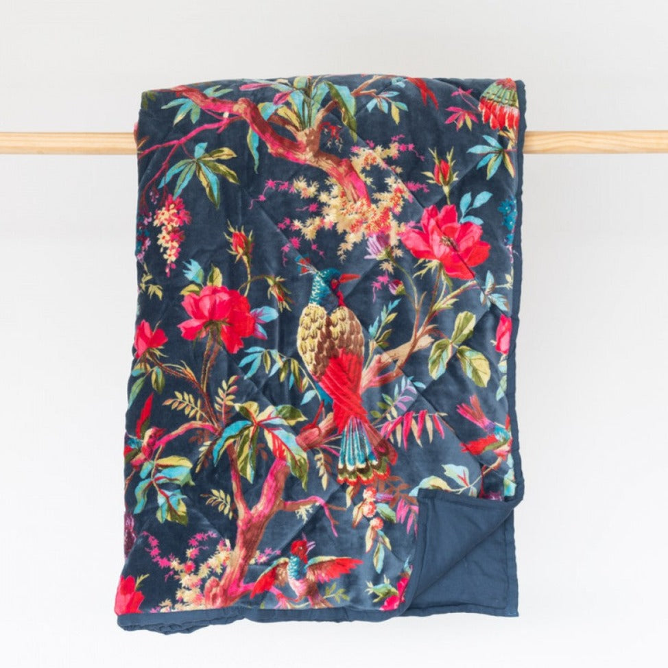 Bird of Paradise quilted velvet throw in bluestone