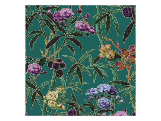 Camelia wall panel by James Dunlop from Casadeco. Teal background with vivid plum, purple, teal and green foliage