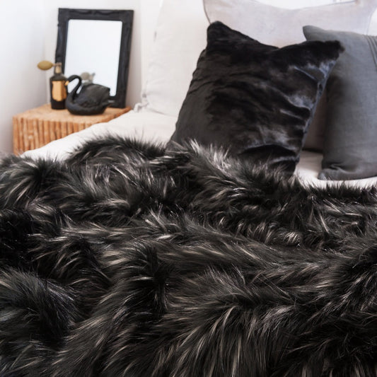 Imitation fake fur throw - Heirloom faux fur throw and cushions in Ebony Plume Black SKU FEPT18