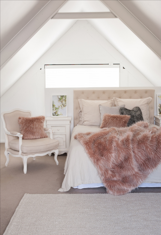 Imitation faux fur cushion in pink Peony Plume by Heirloom, Furtex. Fake fur cushions for New Zealand interiors